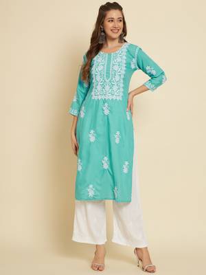 Sea Green Colour Thread Embroidery Work Fancy Partywear Kurti 1