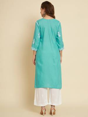 Sea Green Colour Thread Embroidery Work Fancy Partywear Kurti 2