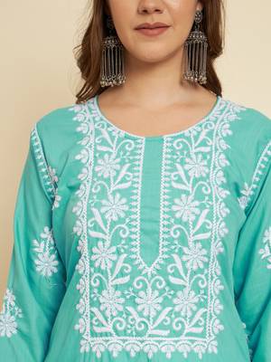 Sea Green Colour Thread Embroidery Work Fancy Partywear Kurti 3