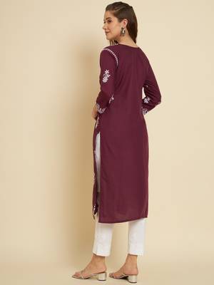 Burgundy Colour Thread Embroidery Work Fancy Partywear Kurti 2