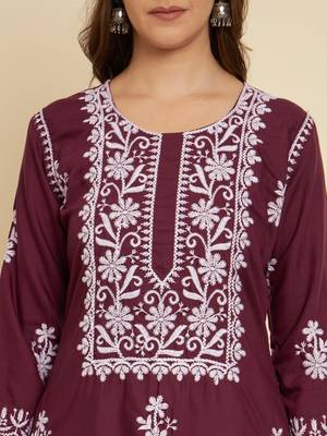 Burgundy Colour Thread Embroidery Work Fancy Partywear Kurti 3