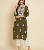 Mahendi Colour Thread Embroidery Work Fancy Partywear Kurti