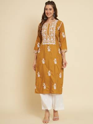 Mustard Colour Thread Embroidery Work Fancy Partywear Kurti 1