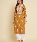 Mustard Colour Thread Embroidery Work Fancy Partywear Kurti