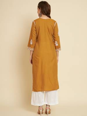 Mustard Colour Thread Embroidery Work Fancy Partywear Kurti 2