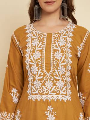 Mustard Colour Thread Embroidery Work Fancy Partywear Kurti 3
