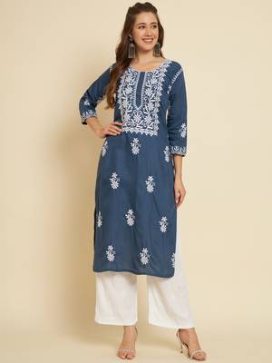 Blue Colour Thread Embroidery Work Fancy Partywear Kurti 1