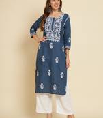 Blue Colour Thread Embroidery Work Fancy Partywear Kurti