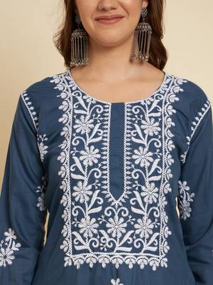Blue Colour Thread Embroidery Work Fancy Partywear Kurti 3