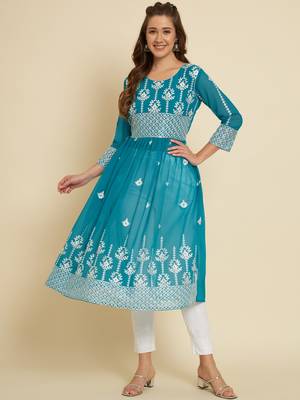 Firozi Colour Festive Wear Fancy Embroidery Work Kurti 1