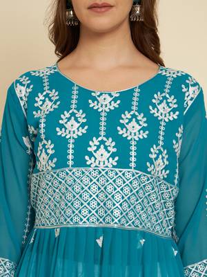 Firozi Colour Festive Wear Fancy Embroidery Work Kurti 3