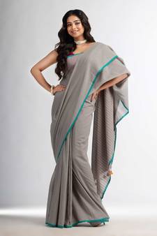 Pebble Grey with multe colour pallu Handwoven Cotton-Sarees