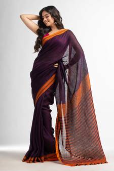 Purple with multe colour pallu in jacquard design Handwoven linen Saree