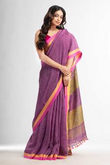 Lipgloss pink in multe colour border handwoven linen saree