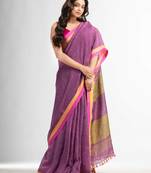 Lipgloss pink in multe colour border handwoven linen saree
