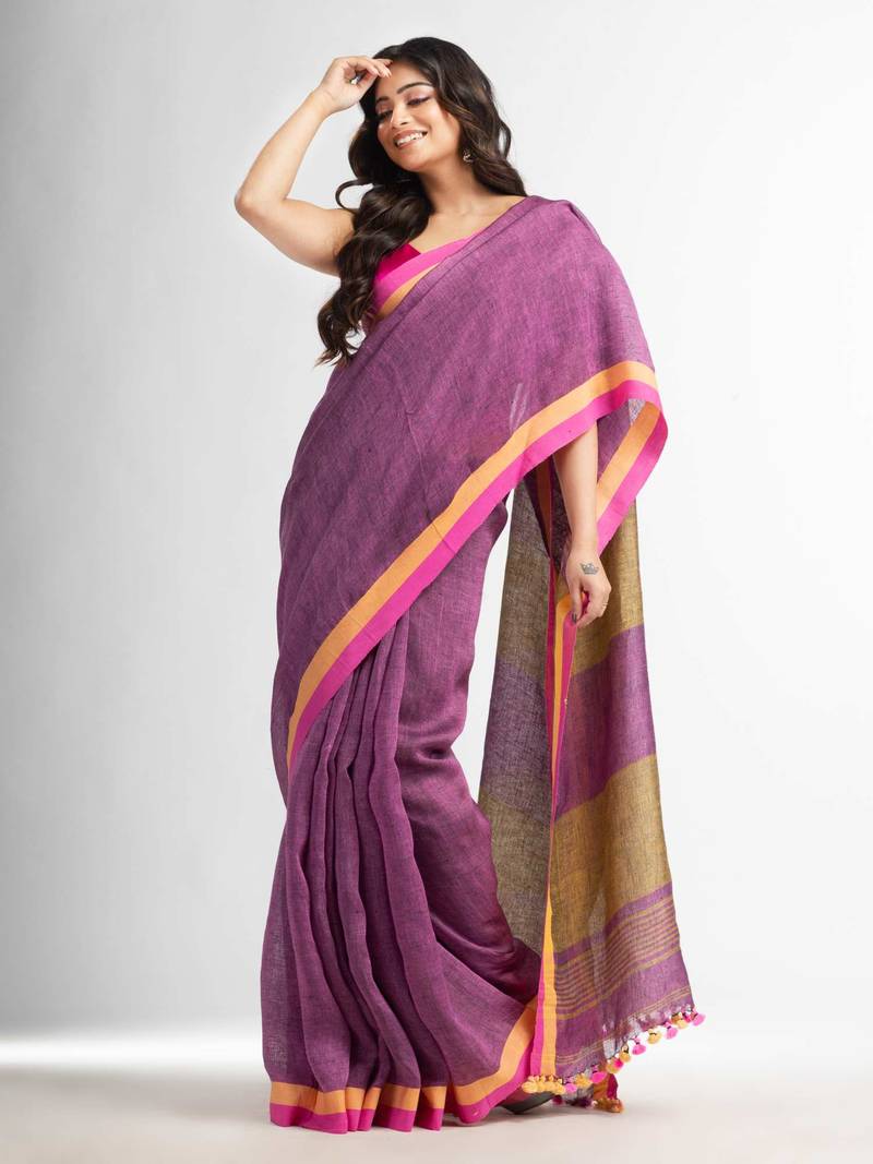 Lipgloss pink in multe colour border handwoven linen saree