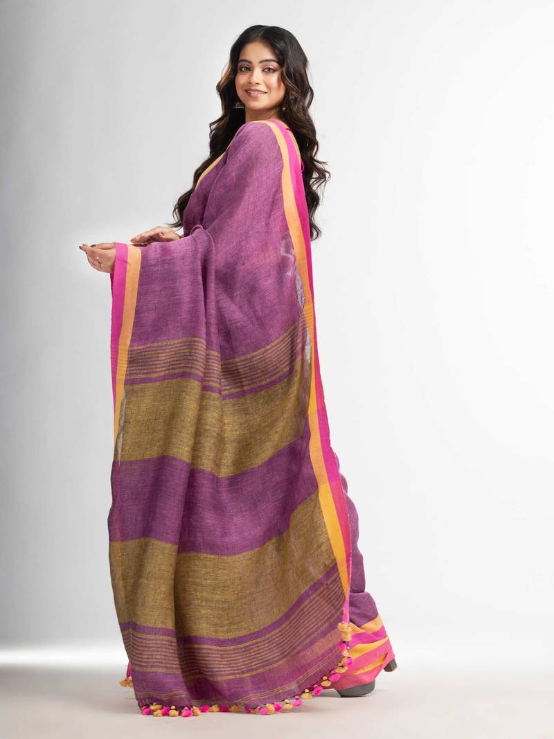 Lipgloss pink in multe colour border handwoven linen saree