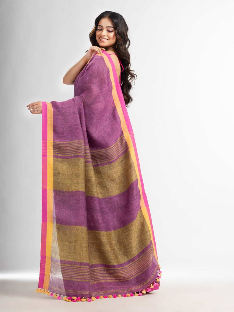 Lipgloss pink in multe colour border handwoven linen saree