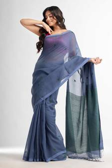 Blue slate grey resham cotton kota check all over Buti jacquqrd Pallu handwoven saree
