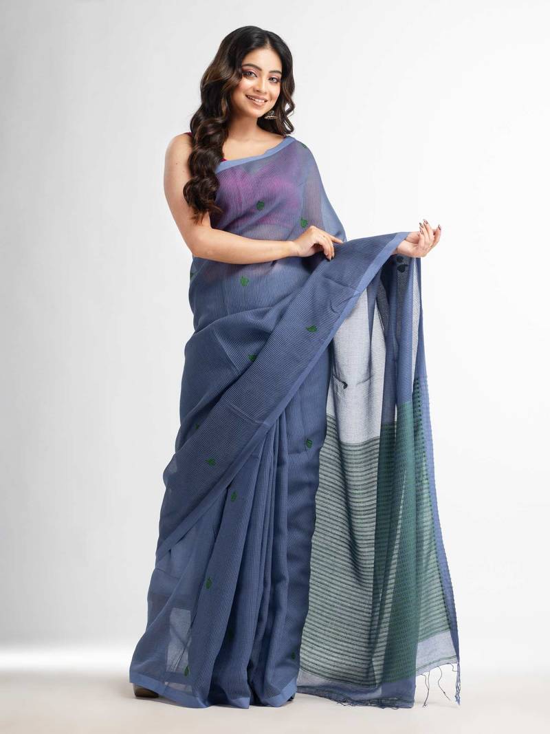 Blue slate grey resham cotton kota check all over Buti jacquqrd Pallu handwoven saree