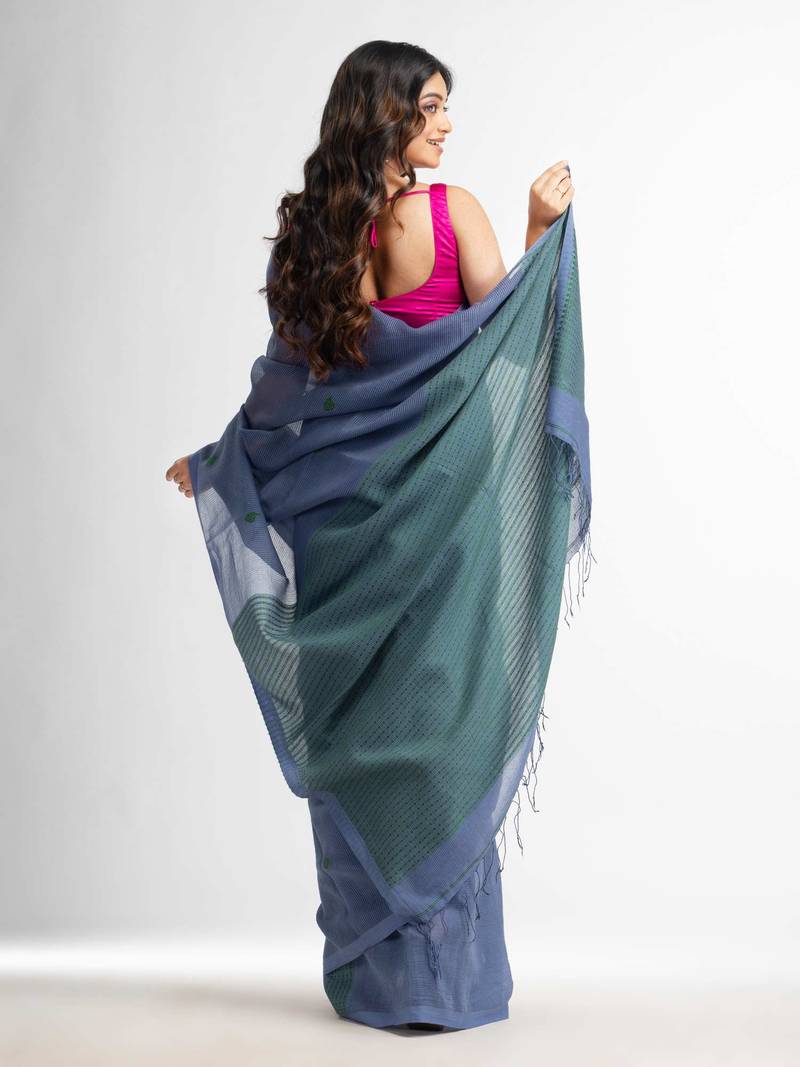 Blue slate grey resham cotton kota check all over Buti jacquqrd Pallu handwoven saree