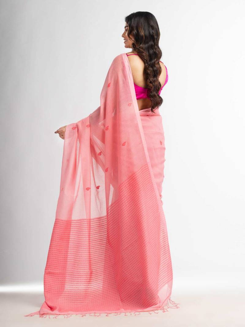 Quartz Pink resham cotton kota check all over Buti jacquqrd Pallu handwoven saree