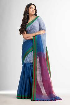 Blue and white half and half red Pallu in multe colour border handwoven linen saree