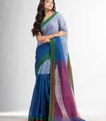 Blue and white half and half red Pallu in multe colour border handwoven linen saree
