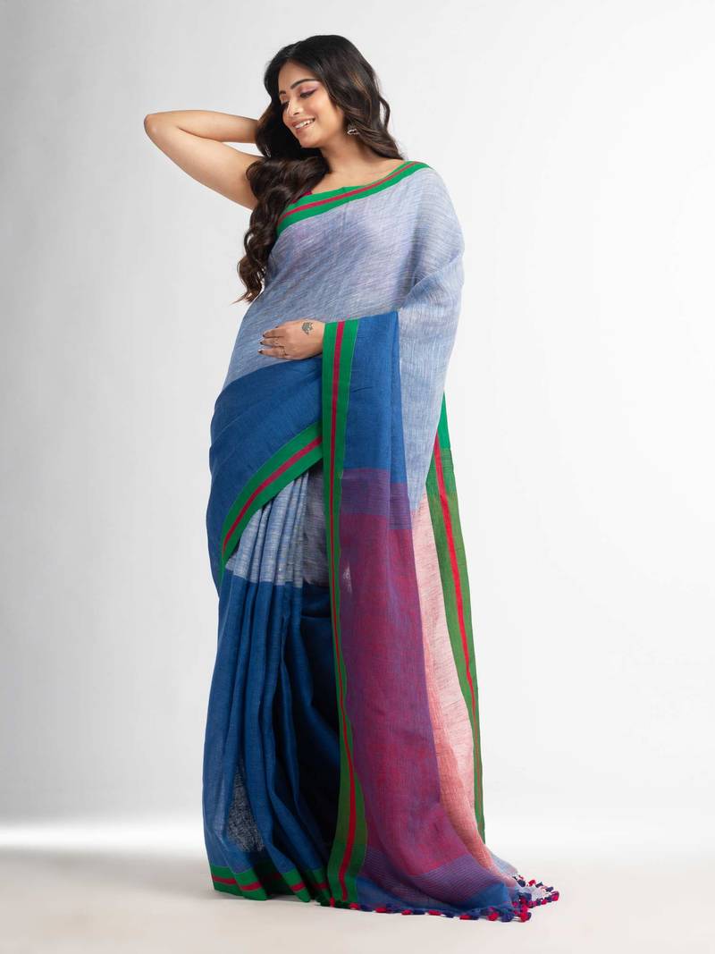 Blue and white half and half red Pallu in multe colour border handwoven linen saree