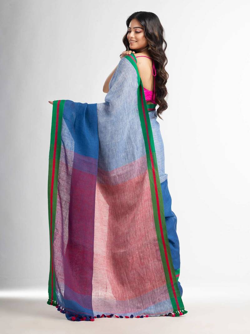 Blue and white half and half red Pallu in multe colour border handwoven linen saree
