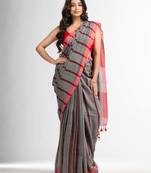 silver all body red strip moklin red border handwoven maslight saree