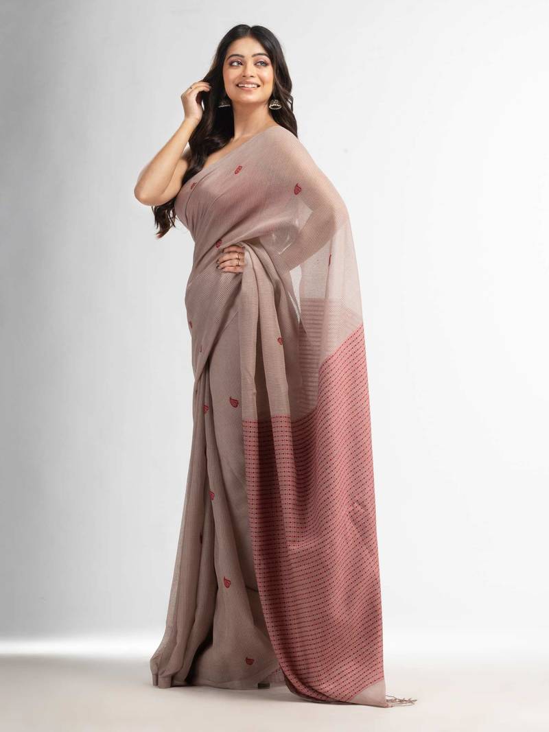 Beige resham cotton kota check all over Buti jacquqrd Pallu handwoven saree