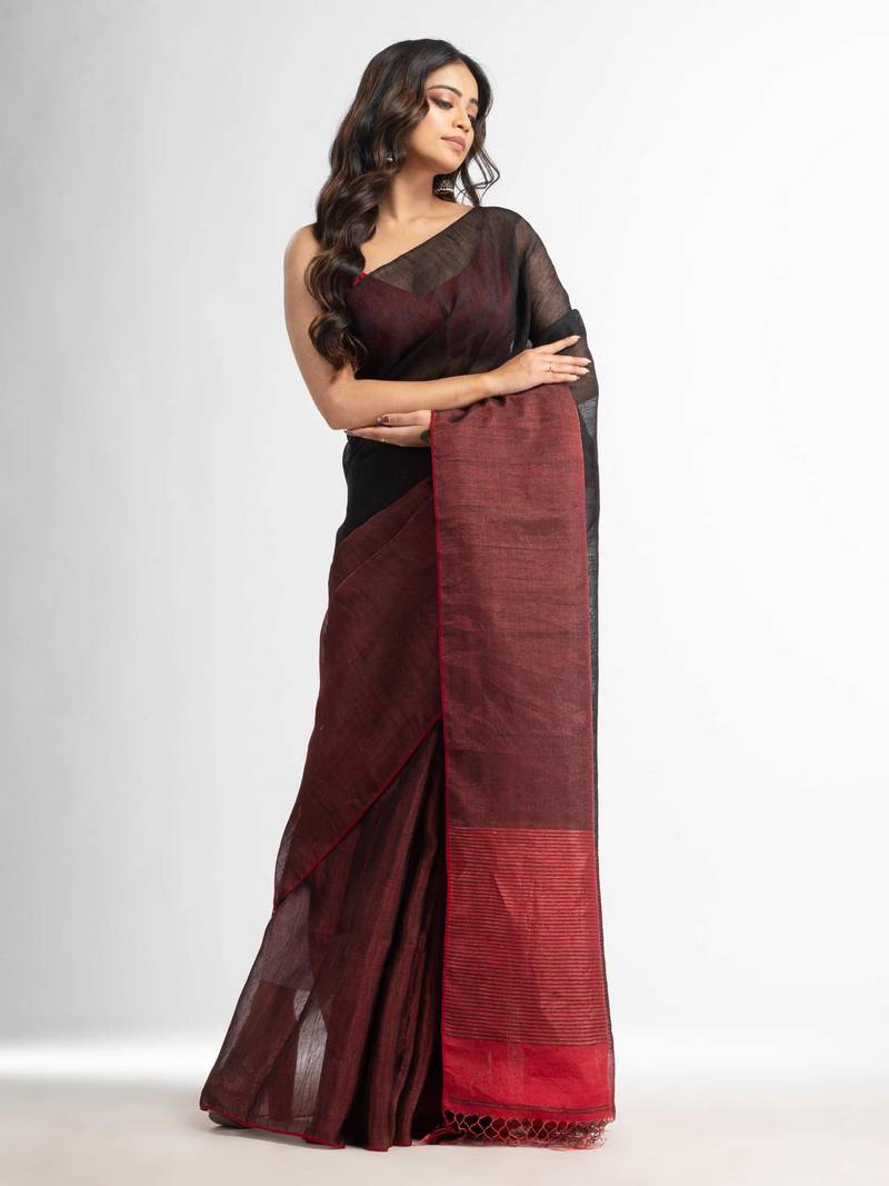 Black tissue linen multi colour pallu handwoven saree