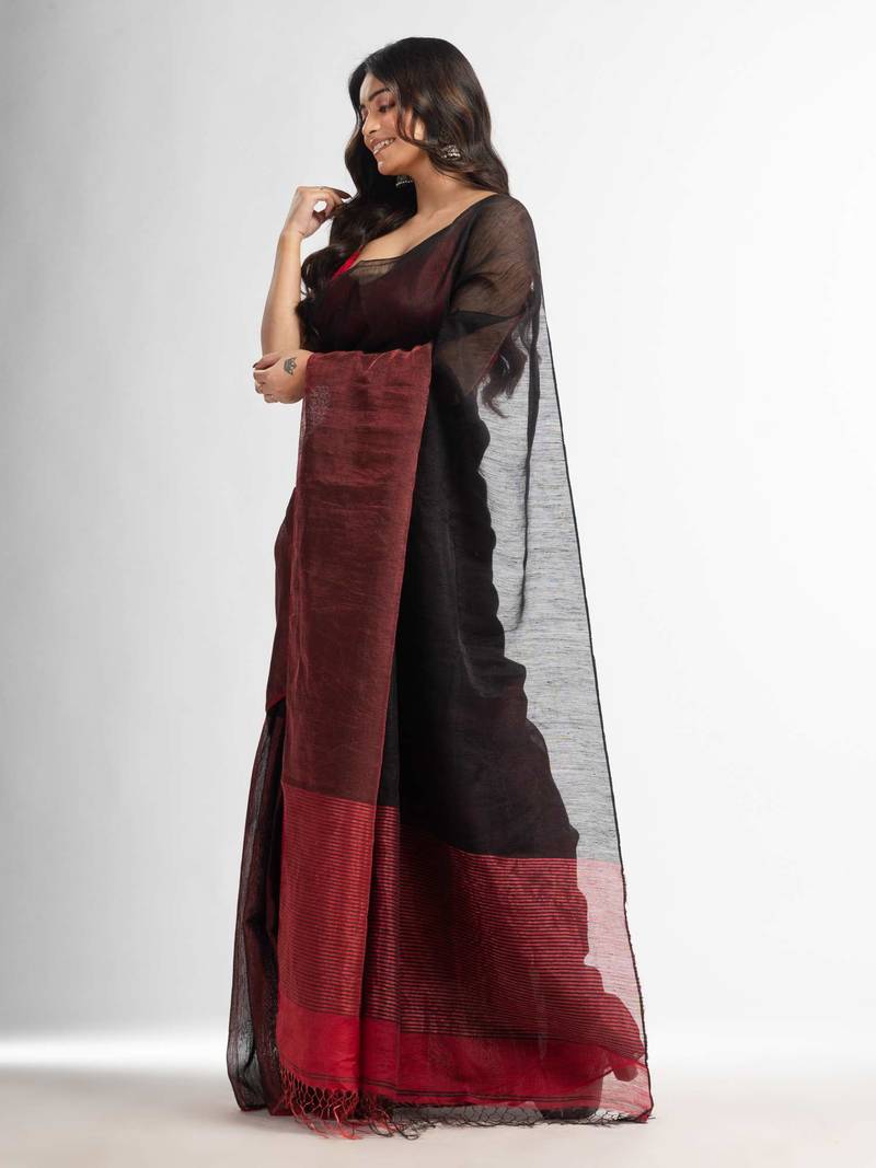 Black tissue linen multi colour pallu handwoven saree