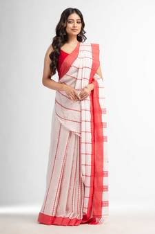 white all body small fish design with fish design pallu in solid border handwoven Cotton-Sarees