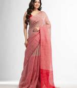 Red all body type check with red pallu handwoven tissue linen saree