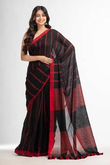 Black all body red strip moklin red border handwoven maslight saree