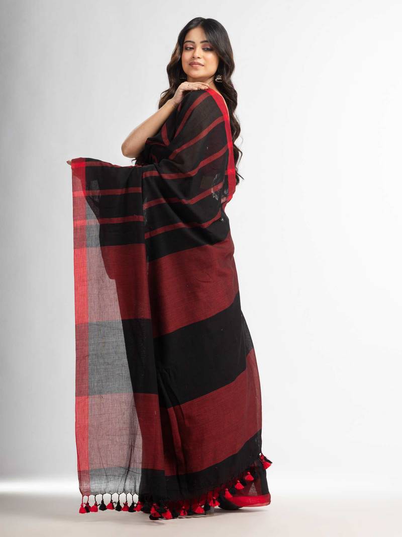 Black all body red strip moklin red border handwoven maslight saree