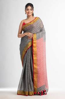 grey all body jacquard weaving red pallu with gold zari border handwoven linen saree