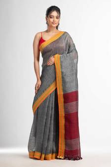 Grey with red pallu in jacquard boeder handwoven linen saree