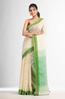 Cream with green pallu in multi colour boeder handwoven linen saree