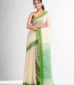 Cream with green pallu in multi colour boeder handwoven linen saree