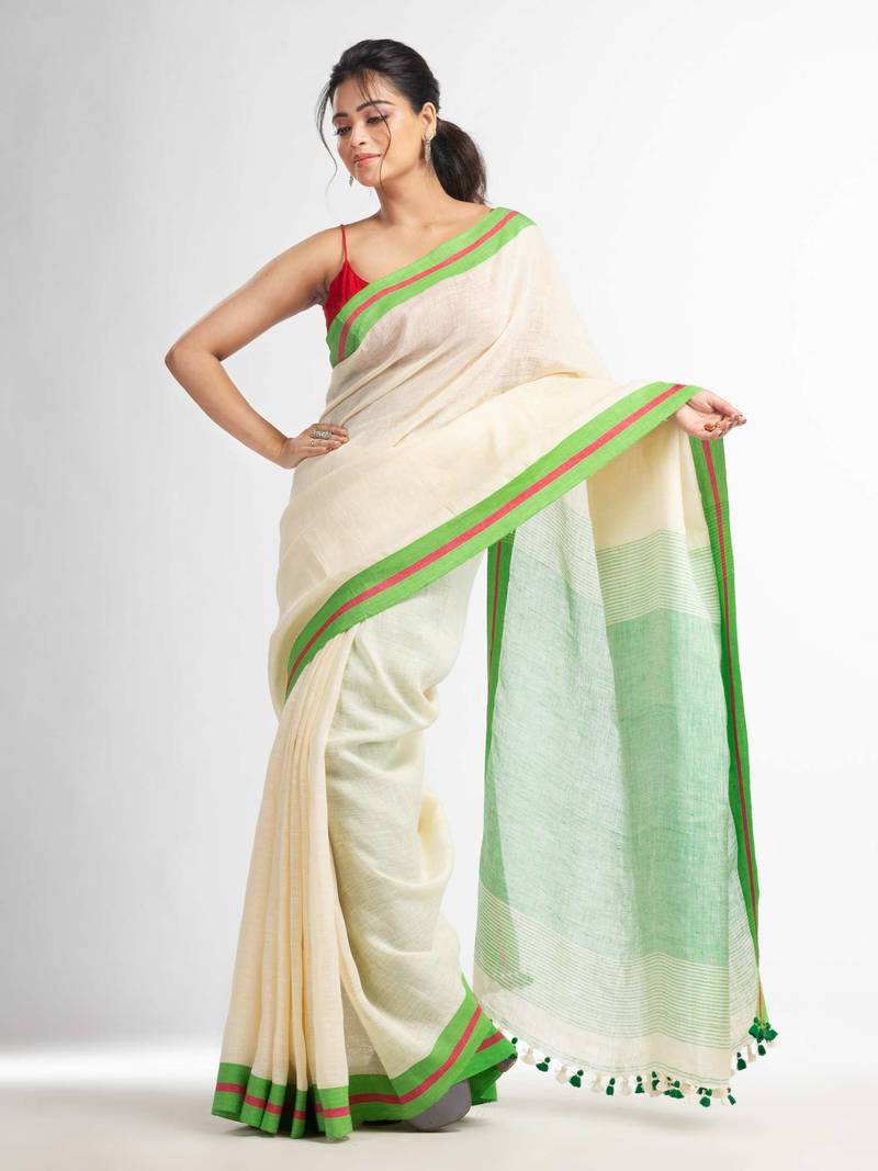 Cream with green pallu in multi colour boeder handwoven linen saree
