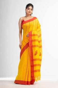 Yellow all body small fish design with fish design pallu in solid border handwoven Cotton-Sarees