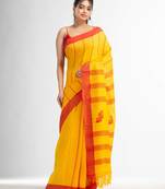 Yellow all body small fish design with fish design pallu in solid border handwoven Cotton-Sarees