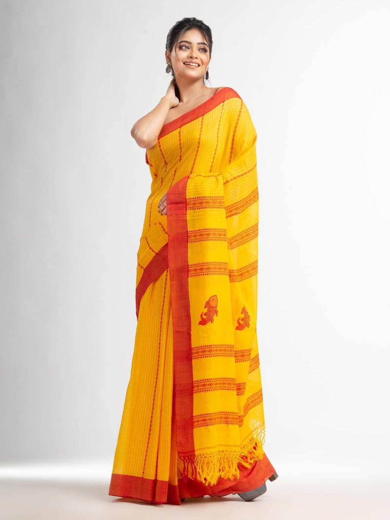 Yellow all body small fish design with fish design pallu in solid border handwoven Cotton-Sarees
