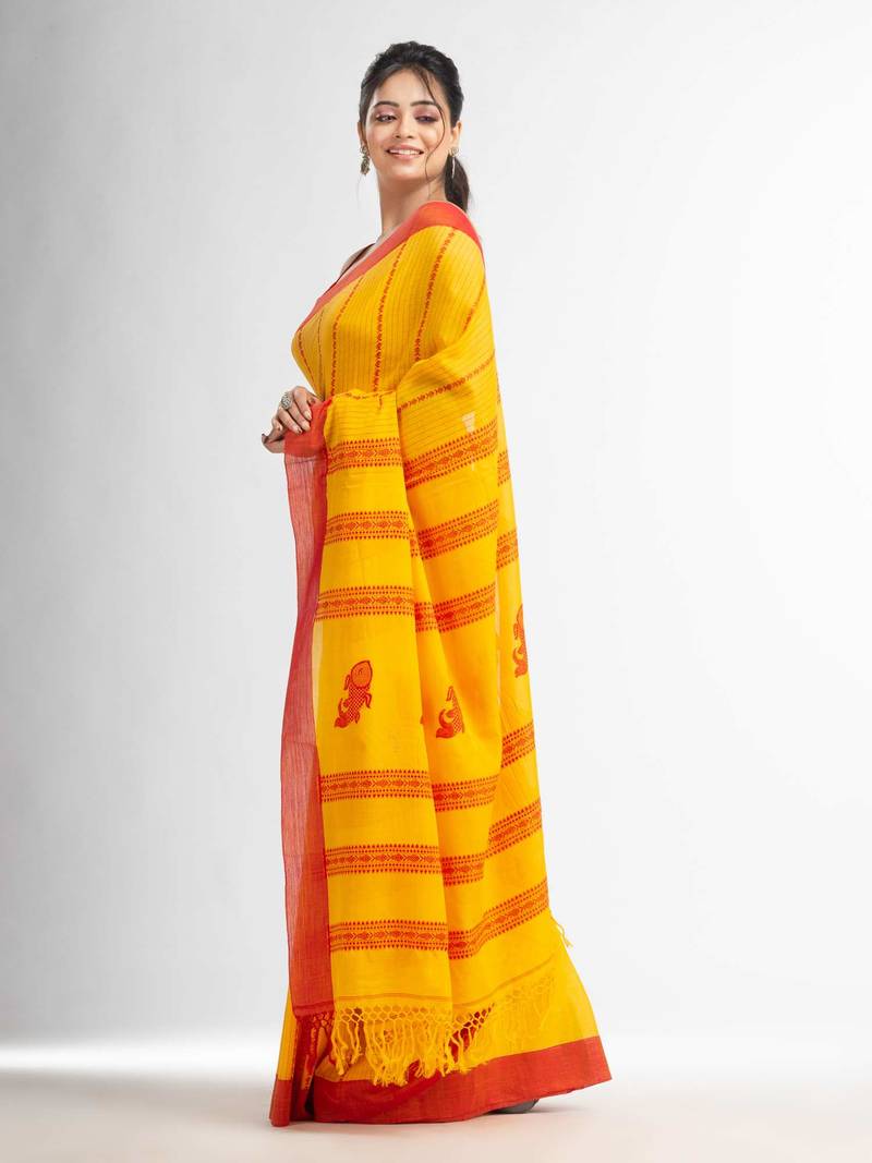 Yellow all body small fish design with fish design pallu in solid border handwoven Cotton-Sarees