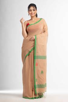 Biscuit all body buti with buti in green border handwoven Cotton-Sarees
