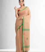 Biscuit all body buti with buti in green border handwoven Cotton-Sarees
