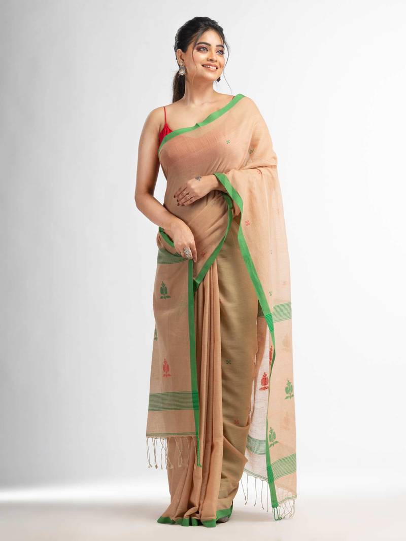 Biscuit all body buti with buti in green border handwoven Cotton-Sarees